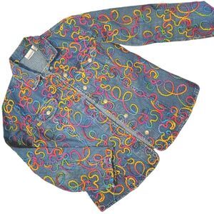 Chico's Colorful Long Sleeve Blue Denim Jacket Embroidery Artwork Size M/8